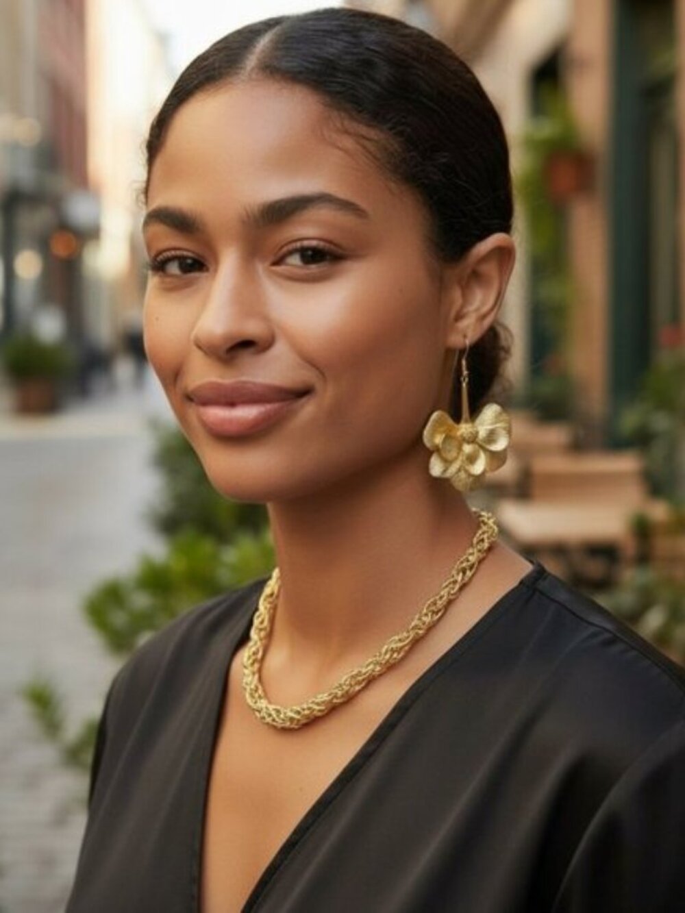 INCREDIBLE GOLD TONE 3D Flower Hanging Earrings Drop Hook Floral Minimalist Luxe